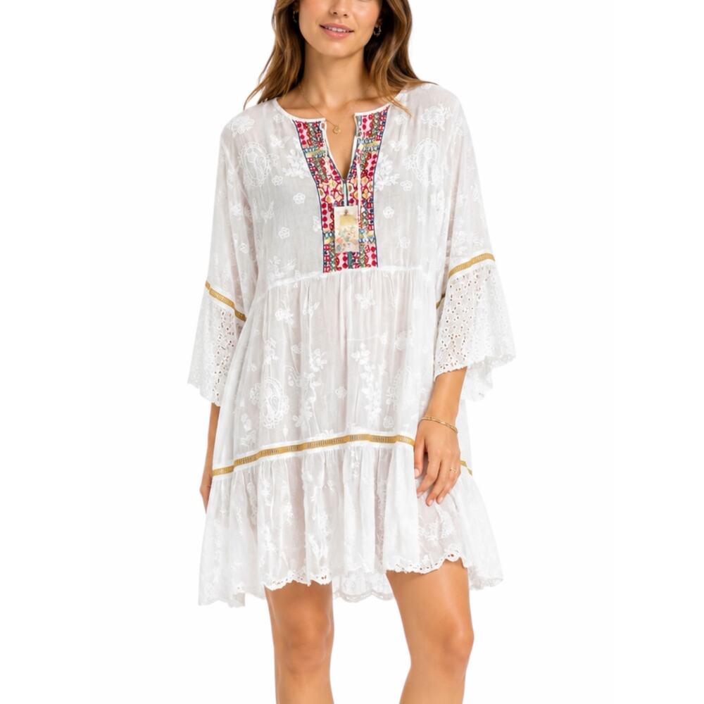 Johnny Was White Embroidered Mini Dress with Multicolor Trim XL